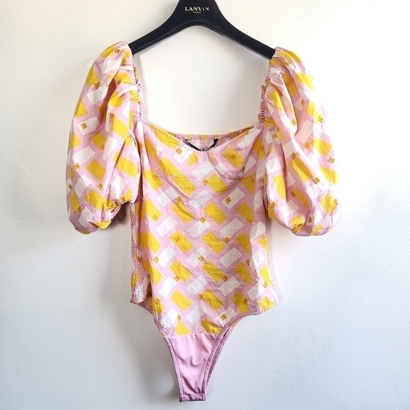 New Zara Poplin Floral Embroidery Barbie Pink Geo Print Bodysuit/Top NWT Small - Picture 12 of 17